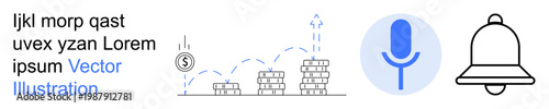 Business growth, financial management, digital communication, notifications, reminders, wealth planning. Stacked coins, microphone bell icon. Financial management and digital communication concept