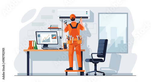 Air conditioner technician installing new AC unit in office.