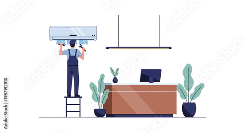 Technician installing air conditioner in an office setting.