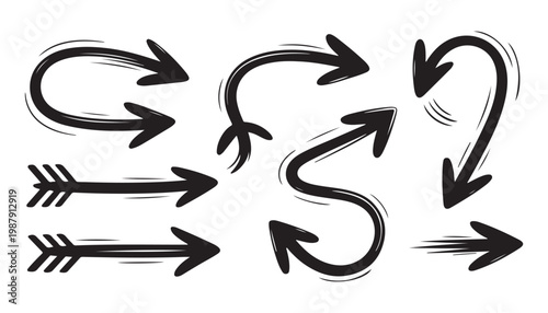 Vector hand drawn arrows with varied strokes and shapes including zig zag and looping designs for web projects.