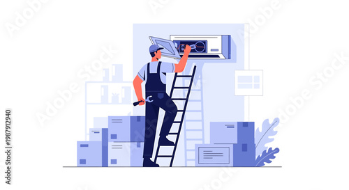 HVAC technician repairing air conditioner unit on wall.