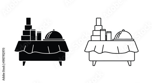 A black and white illustration depicts two identical buffet setups with stacked items and covered dishes