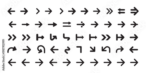 Large grid of diverse black arrow icons representing navigation play buttons and menu interface control symbols.
