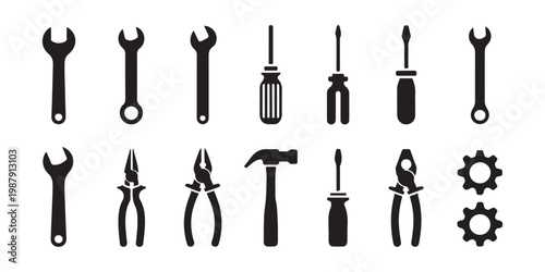 Professional technician hand tools collection including wrenches screwdrivers hammer and pliers silhouettes.