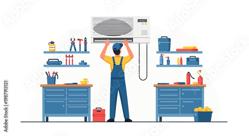 Air conditioner repairman installing unit in workshop.