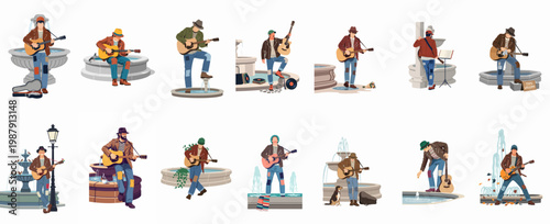 Collection of flat vector illustrations of a male street musician playing acoustic guitar in various poses and situations near city fountains.