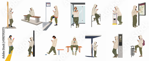 Collection of flat illustrations showing a young woman using her phone while waiting at various bus stop locations in an urban setting.