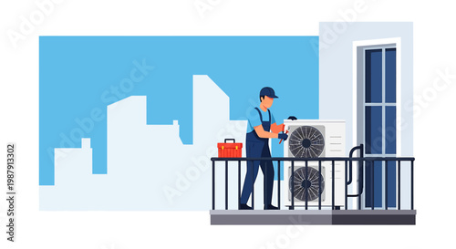 Air conditioner repairman working on balcony.