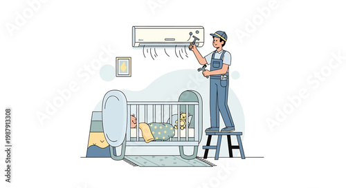 Technician Installing Air Conditioner Above Crib.