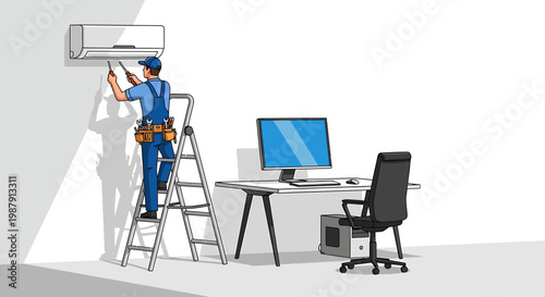 HVAC Technician Installing Air Conditioner Unit in Office.