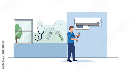 HVAC technician performing air conditioner maintenance and repair services.