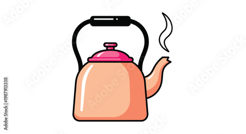 A simple cartoon illustration depicts a peach colored kettle with a pink lid emitting steam