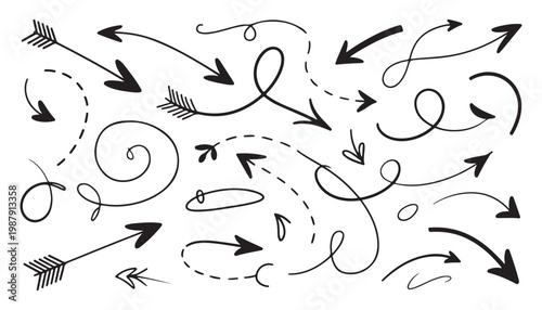 Collection of hand drawn organic arrow doodles and decorative swirls isolated on white background for designs.