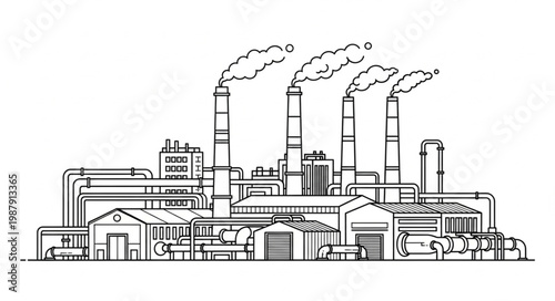 Industrial Factory Building With Smoke Coming Out Of Chimneys.