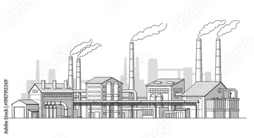 Industrial factory with smoking chimneys in a line drawing.