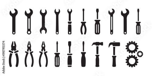 Comprehensive workshop equipment set featuring different wrench sizes screwdrivers hammers and gear wheels kit.