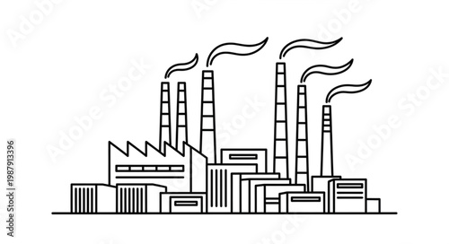 Industrial factory with smoke stacks emitting pollution.