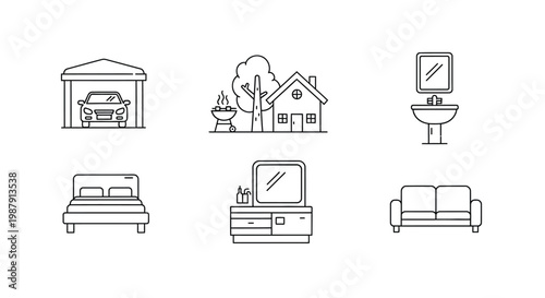 A collection of simple linear icons depicting domestic life including housing furniture and amenities