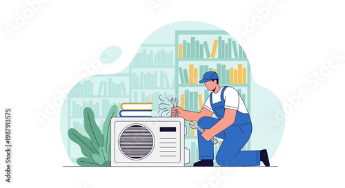Man in blue overalls fixing air conditioner unit.