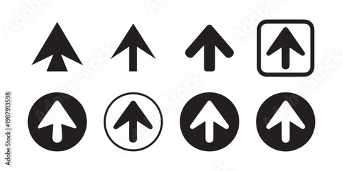 Upward pointing arrow icons in various styles and shapes for user interface and direction indication.
