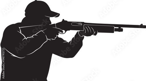 Black silhouette hunter, shotgun vector, aiming illustration, outdoor sports graphics