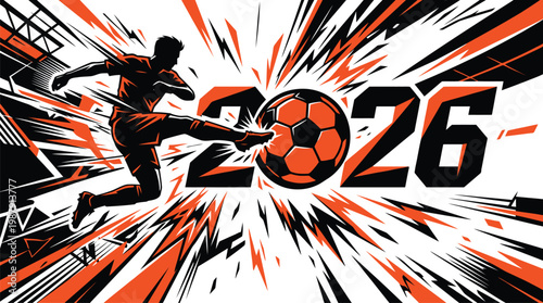 A silhouette of a soccer player kicking a ball with the year 2026  And FIFA World Cup 2026, FIFA World Cup, World Cup.