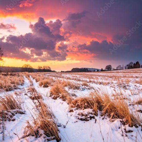 A snow-covered field with tall, dry grasses is bathed in the fiery glow of a sunset. Colorful clouds fill the sky above the landscape