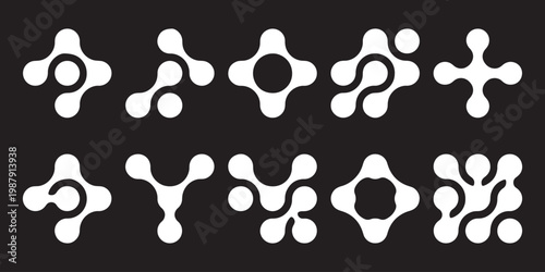 Diagonal metaball connected circles shape. Abstract nerve cell dots or computer nano net . Abstract liquid shapes icon set vector, blue gradient blobs and fluid geometric elements, modern organic form