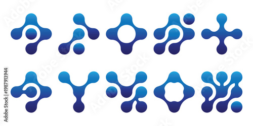 Diagonal metaball connected circles shape. Abstract nerve cell dots or computer nano net . Abstract liquid shapes icon set vector, blue gradient blobs and fluid geometric elements, modern organic form