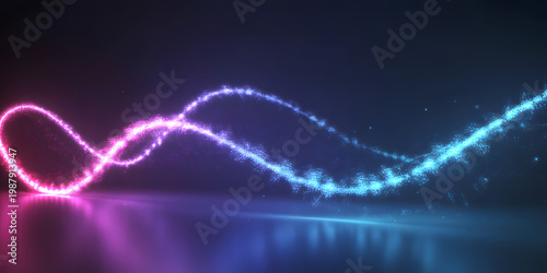 Abstract glowing particle trail with dynamic pink and blue light waves over a reflective dark surface. Futuristic data, energy, and digital technology background.