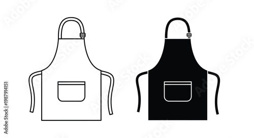 Two aprons are displayed one white and one black in a simple clean outline illustration