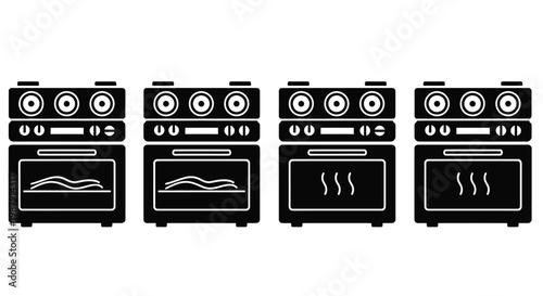 A collection of four black silhouette illustrations depicting vintage style electric ranges with ovens