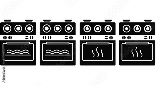 A graphic illustration displaying four black and white stove top ovens with open doors