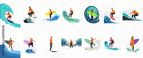 Flat vector illustration set of diverse male and female surfers riding large ocean waves in various dynamic poses and wetsuits.