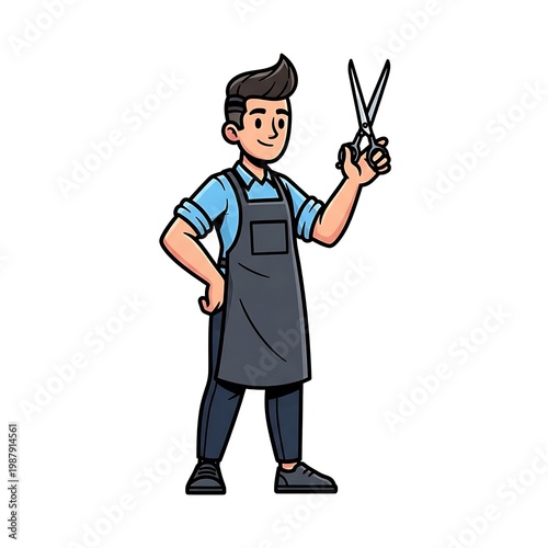 Cartoon barber holding scissors confidently.