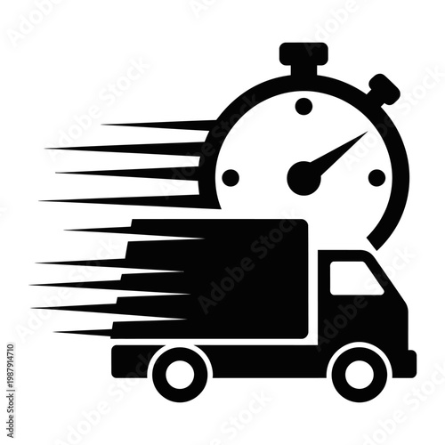 Vector graphic of a speeding delivery truck with a stopwatch in the background, symbolizing fast and efficient shipping.
