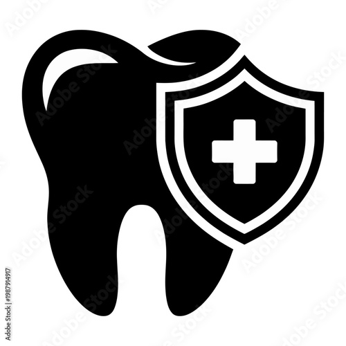 Vector graphic of a tooth with a shield and cross symbolizing dental health and protection