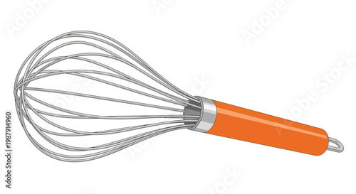 A vibrant illustration of a stainless steel balloon whisk with a bright orange handle