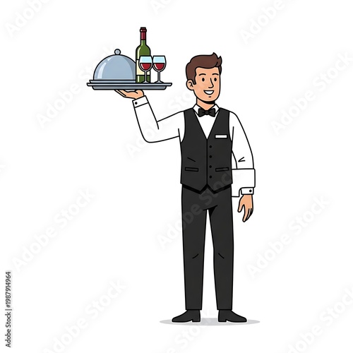 Waiter holding wine and food.