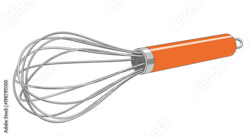 An isolated illustration of a stainless steel kitchen whisk with a vibrant orange handle