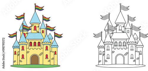 Cute cartoon fairy tale castle with rainbow flags. Colorful and black line outline coloring page vector illustration for kids.