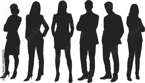 WebBusiness teamwork silhouettes, diverse professionals standing confidently, corporate group unity illustration, flavector