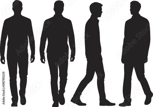 WebHuman walking silhouettes front side rear perspective movement study illustration - flavector