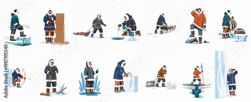 A diverse collection of vector illustrations depicting Inuit people engaged in traditional Arctic survival activities, including hunting, ice fishing, and traveling.