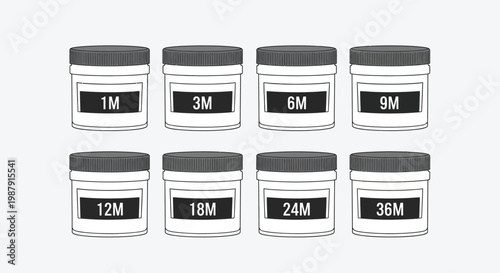 A collection of eight cylindrical jars each labeled with a time increment in months