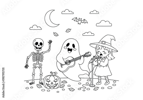Halloween trio playing musical instruments under a moonlit sky with spooky elements