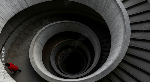 A person in a red jacket is walking down a long spiral staircase with multiple circular landings leading down into darkness