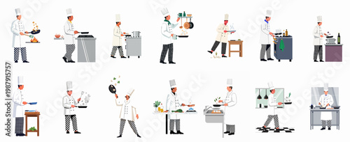Collection of professional male chefs in white uniforms cooking, frying, and preparing gourmet meals in various restaurant kitchen scenarios, flat vector illustration.