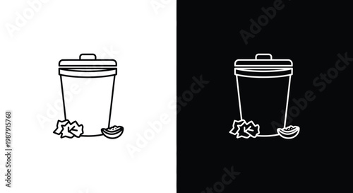 A split composition showcasing a trash can with scattered debris in both white and black variations