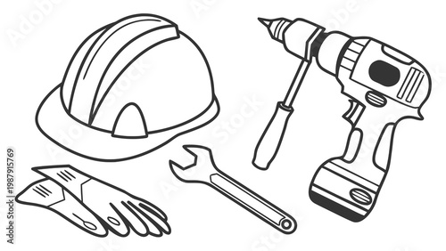 Construction Tools Outline Set with Helmet and Hammer Vector